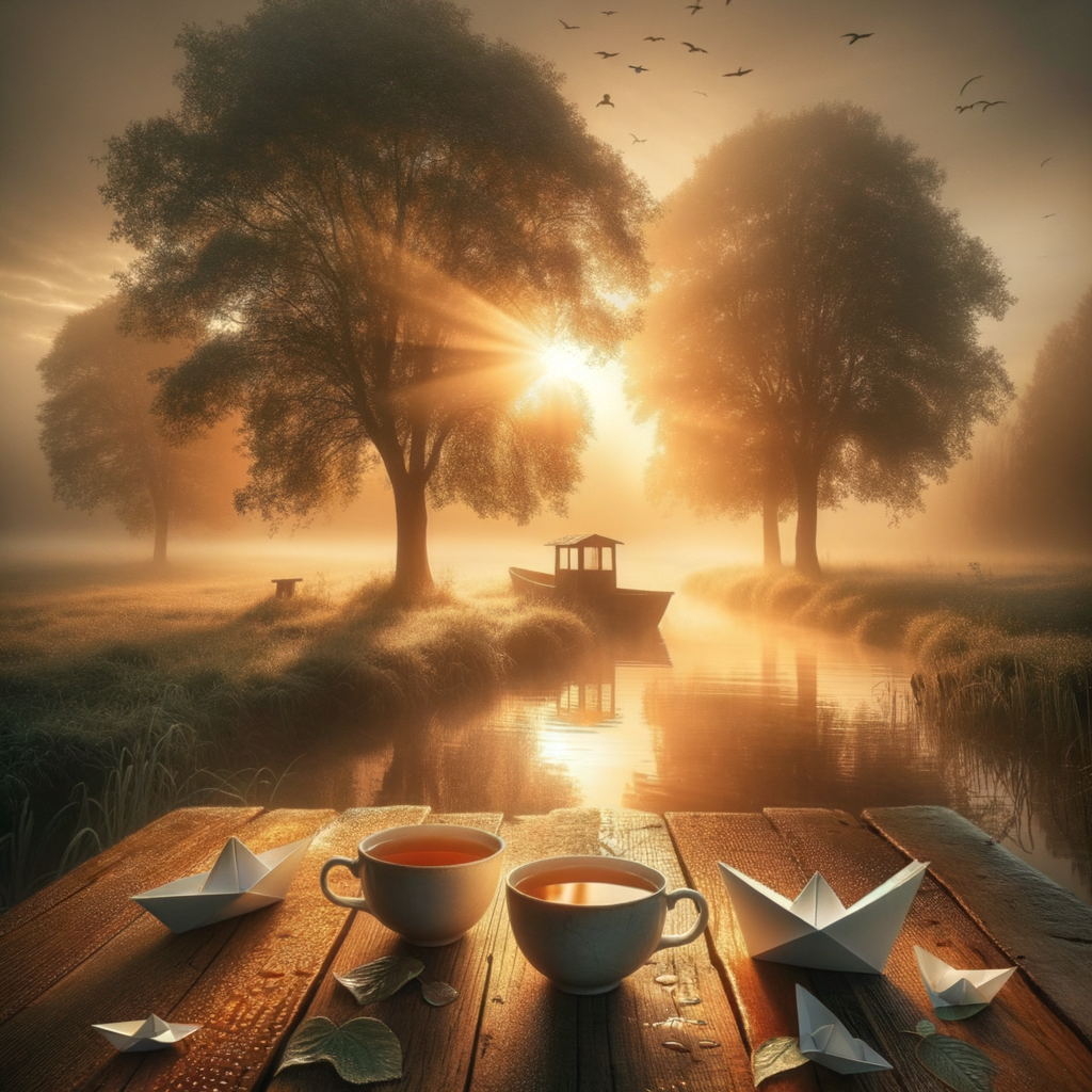 A serene morning with sun rays bathing a rustic table with two tea cups, evoking tender romance, good morning image.