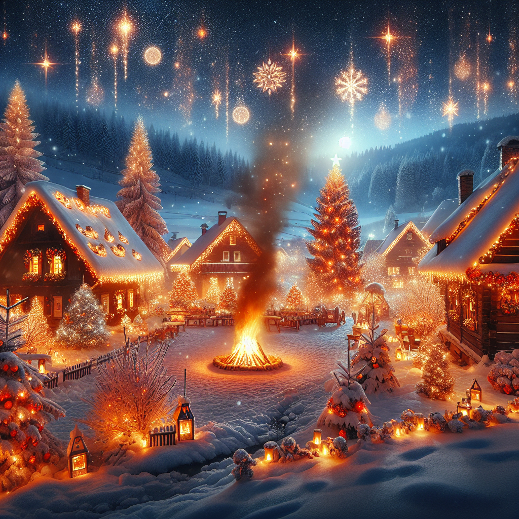 ood morning image of a peaceful and festive winter celebration, decorated with twinkling lights and a bright bonfire amidst the snow