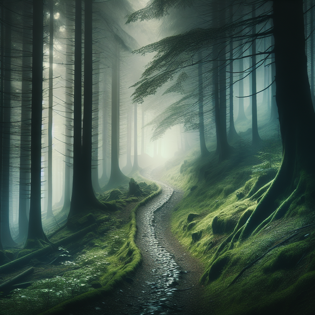 A serene mystical forest path in early morning fog, inviting exploration and wonder - a perfect good morning image.