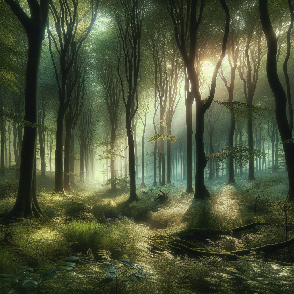 A peaceful good morning image of a tranquil forest with sunlight filtering through the trees.