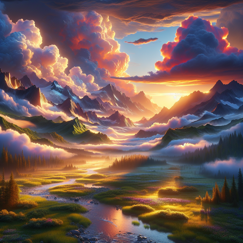 A good morning image showcasing a vibrant and dynamic nature scene with a sunrise over mountains, misty valley, and a tranquil river.