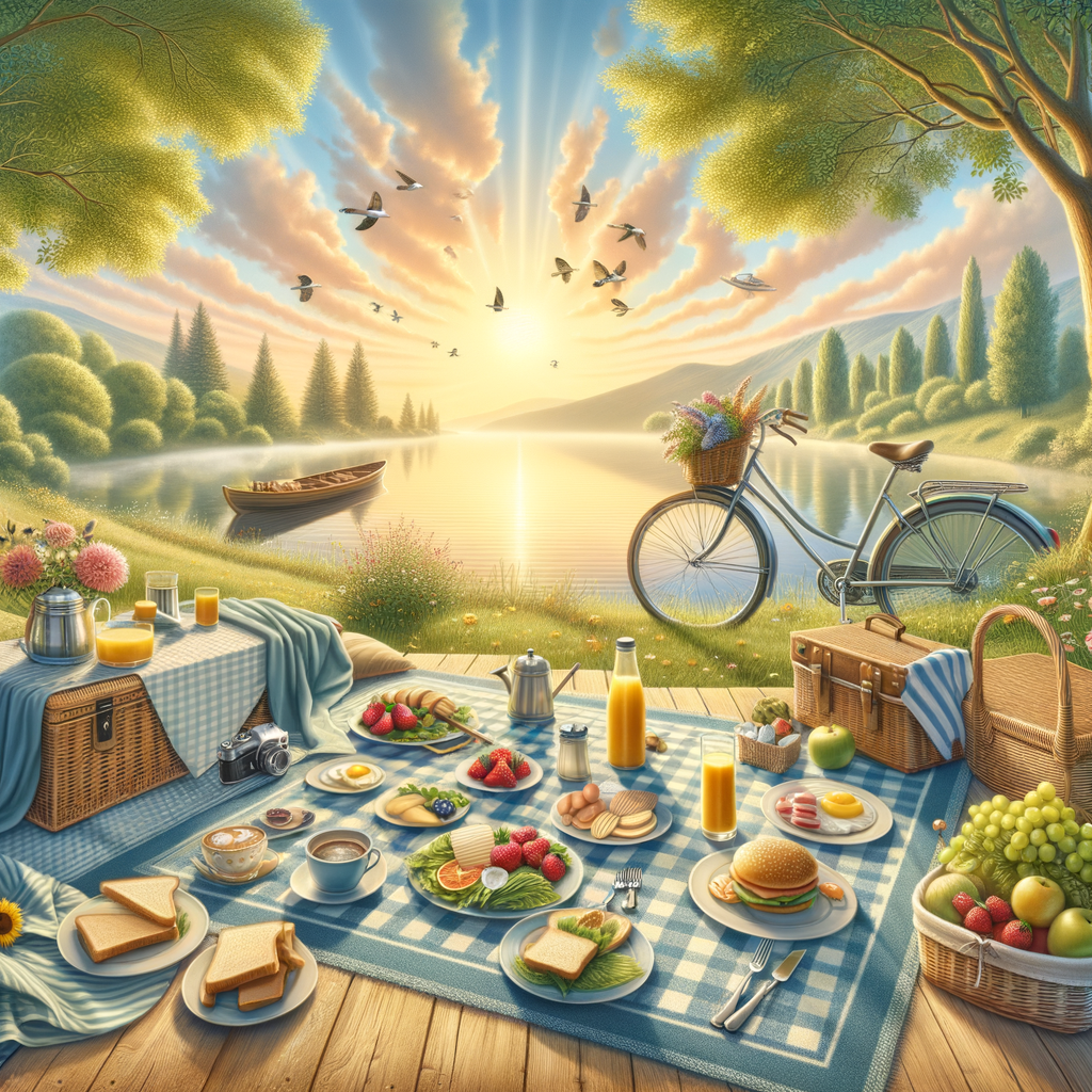 A serene good morning image of an idyllic picnic setup and twin bicycles suggesting a couple's joyous start to the day.