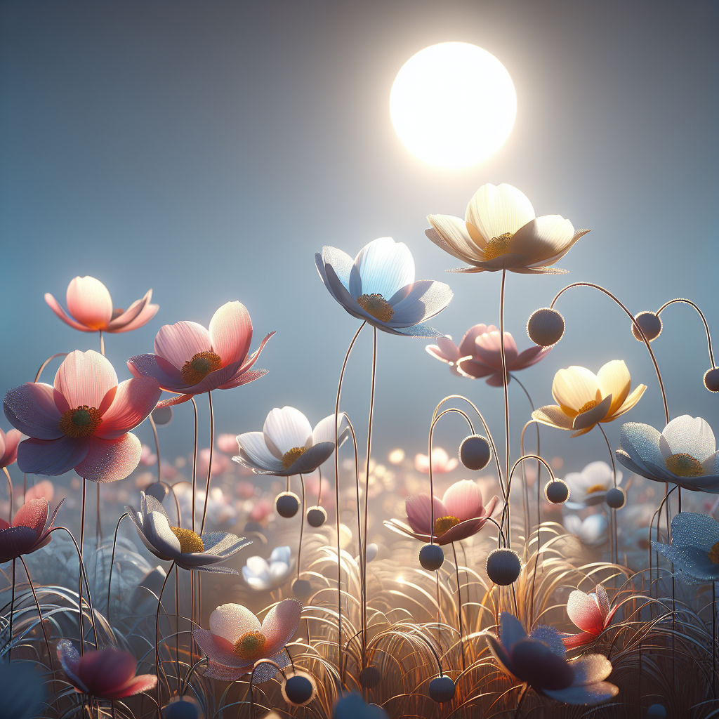 Good morning image depicting a serene scene of various delicate flowers swaying in light breeze under a clear sky.