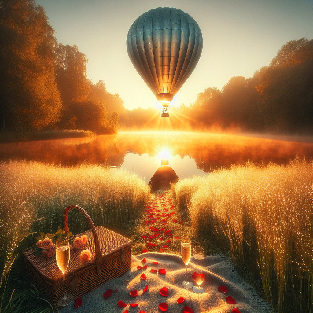 A good morning image showcasing a romantic hot air balloon scene by a glistening lake in sunrise.