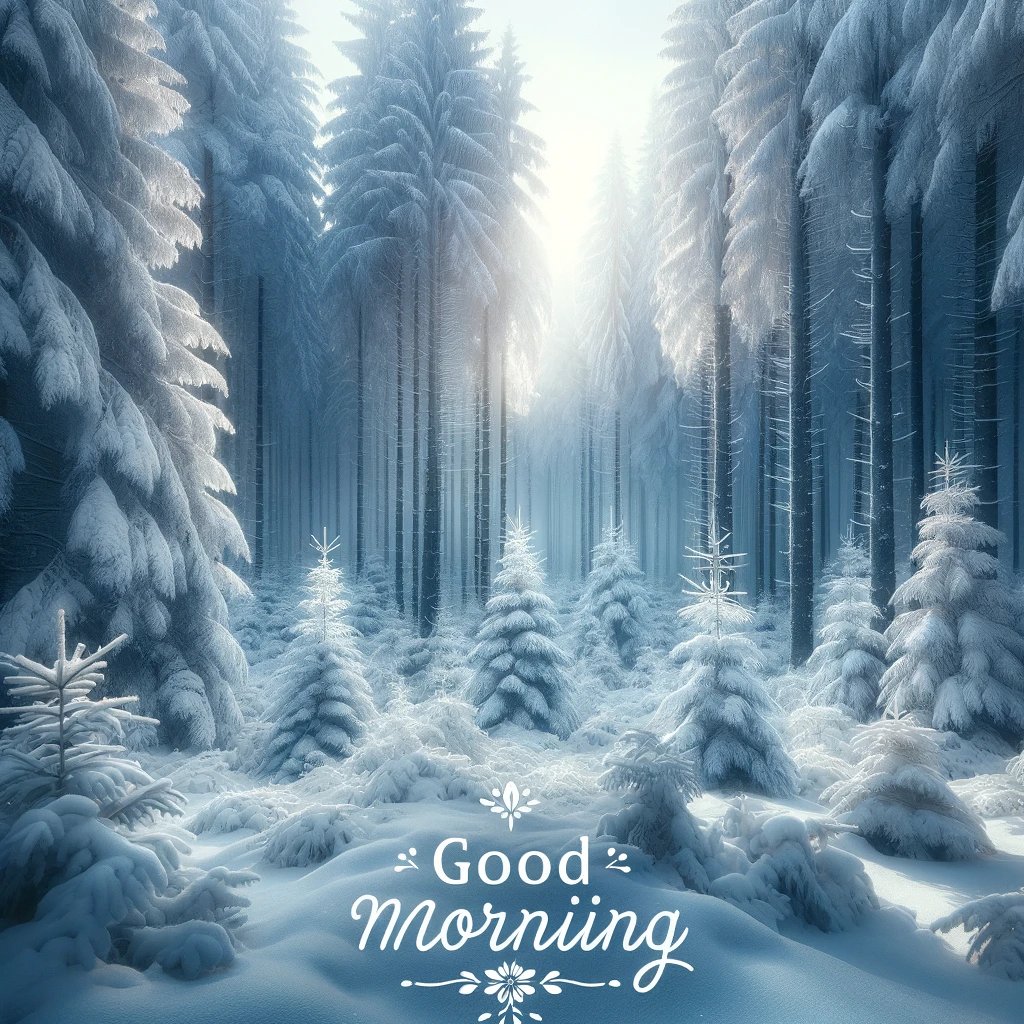 A serene good morning image of an enchanting winter forest, draped in snow and bathed in a gentle morning glow