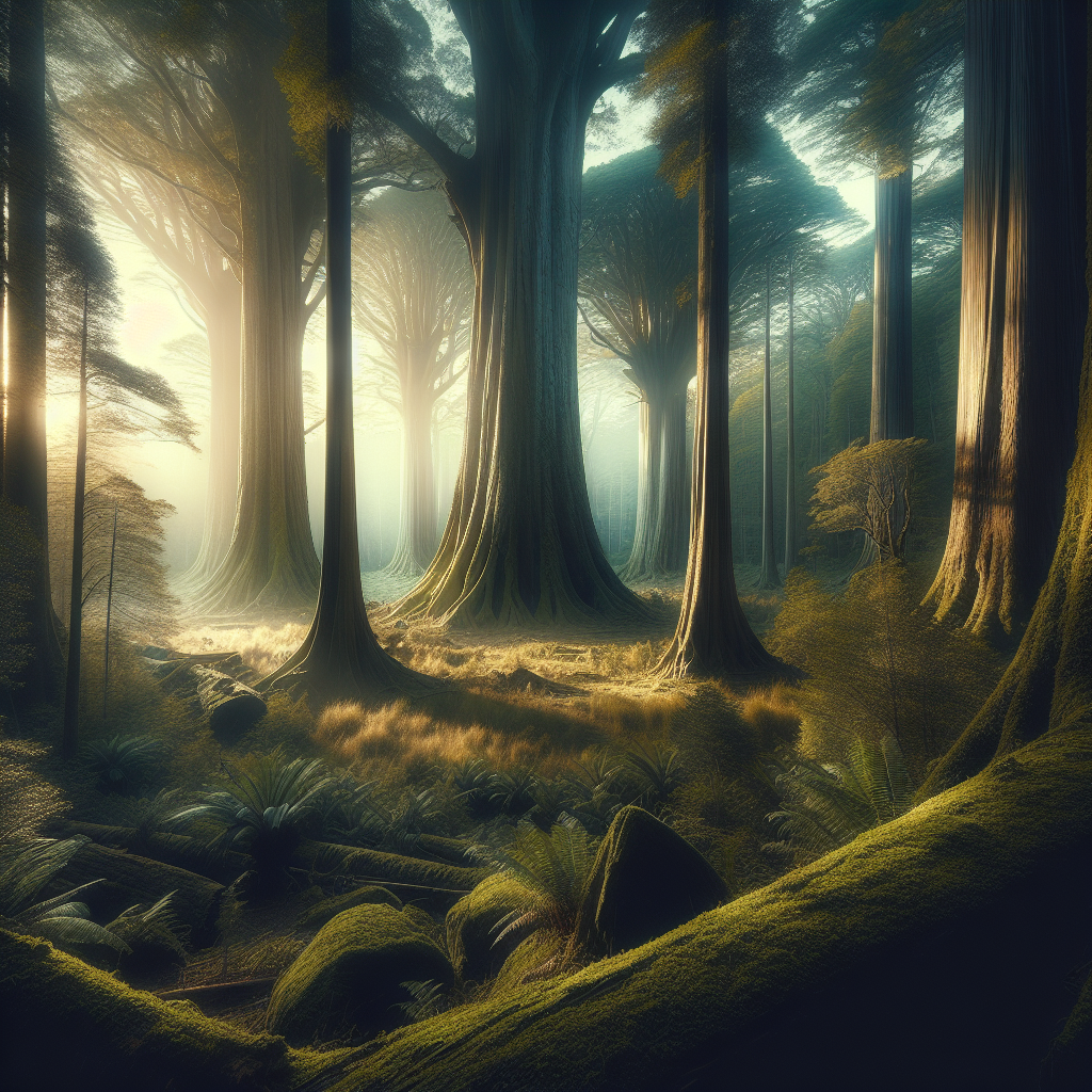 A tranquil good morning image depicting ancient towering trees in a majestic forest, filled with serene morning light.