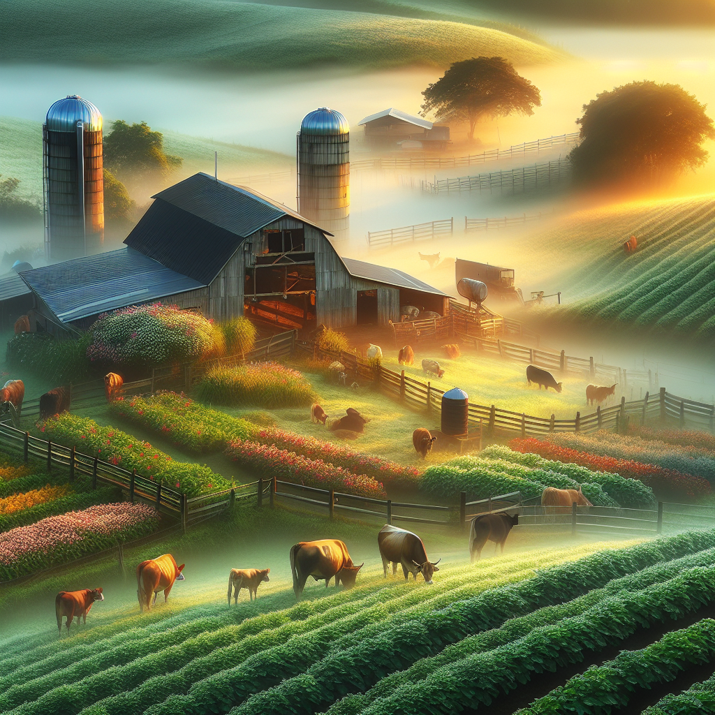 A picture-perfect good morning image of a flourishing farm with thriving plants and misty morning ambiance highlighted by a warm, golden sunrise.