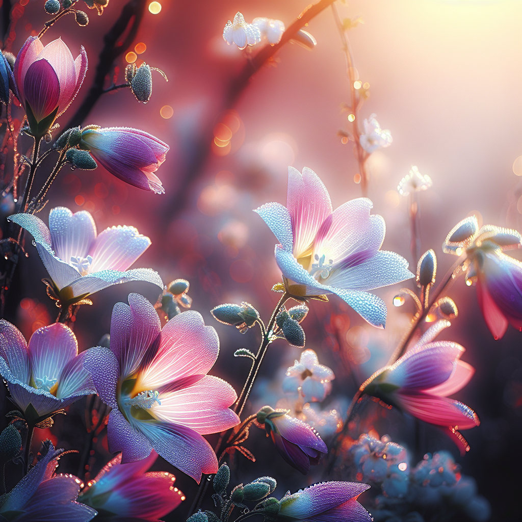 A serene good morning image featuring a close-up of delicate flowers with dewdrops, highlighting their elegance under the soft morning light.