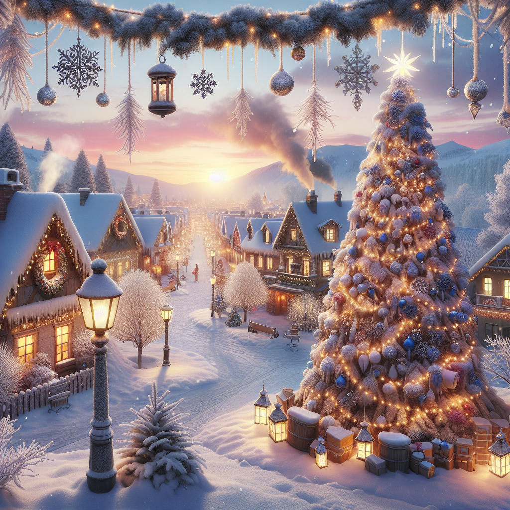 A serene good morning image of a town square with glistening snow, festive decorations, and a dawn sky.