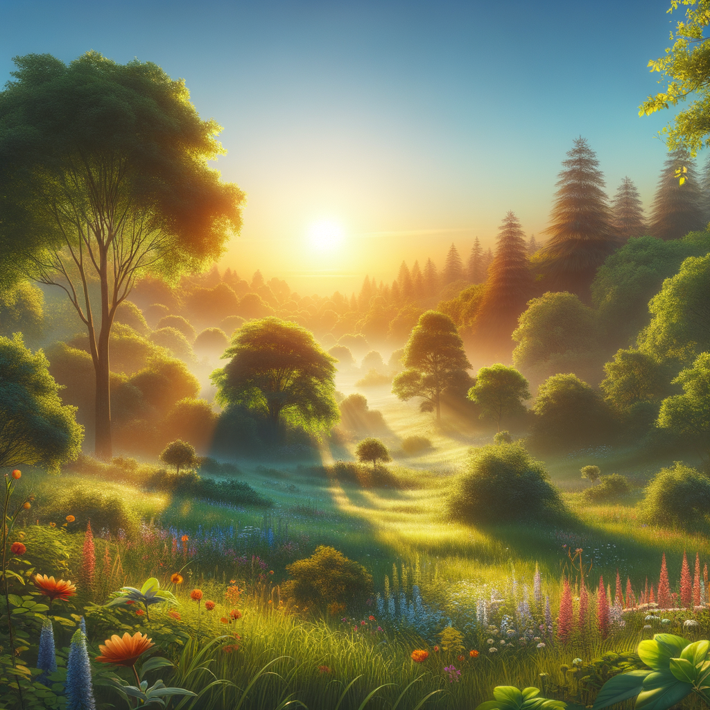 Serene good morning image of a landscape with lush trees, blooming flowers, and dew-kissed grass in a warm sunrise