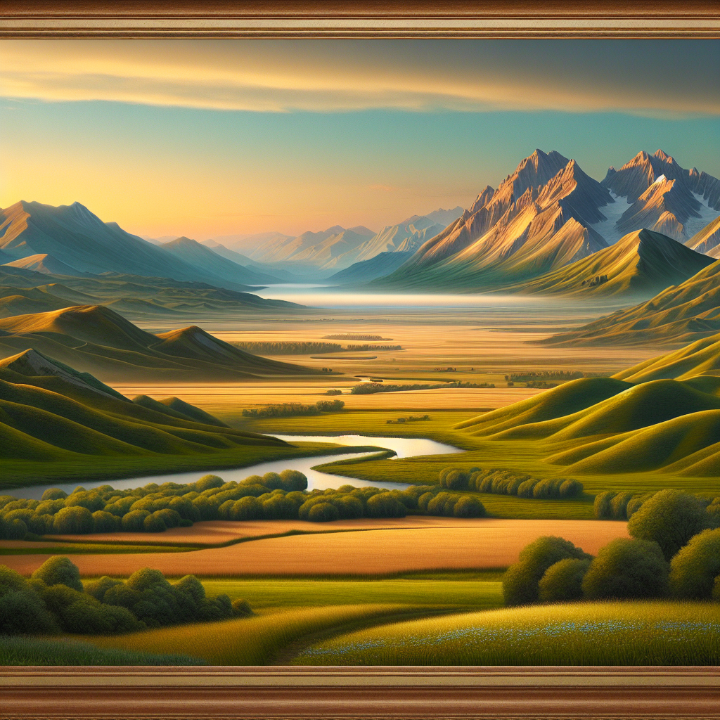 A serene countryside morning depicted with a meandering river, rolling hills and distant mountains bathed in the warm glow of the rising sun, perfect good morning image