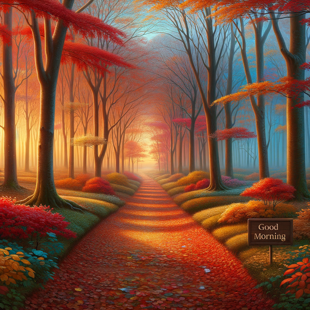 A serene morning scene in autumn with a forest path covered in red, orange, and yellow leaves and 'Good Morning' inscribed.