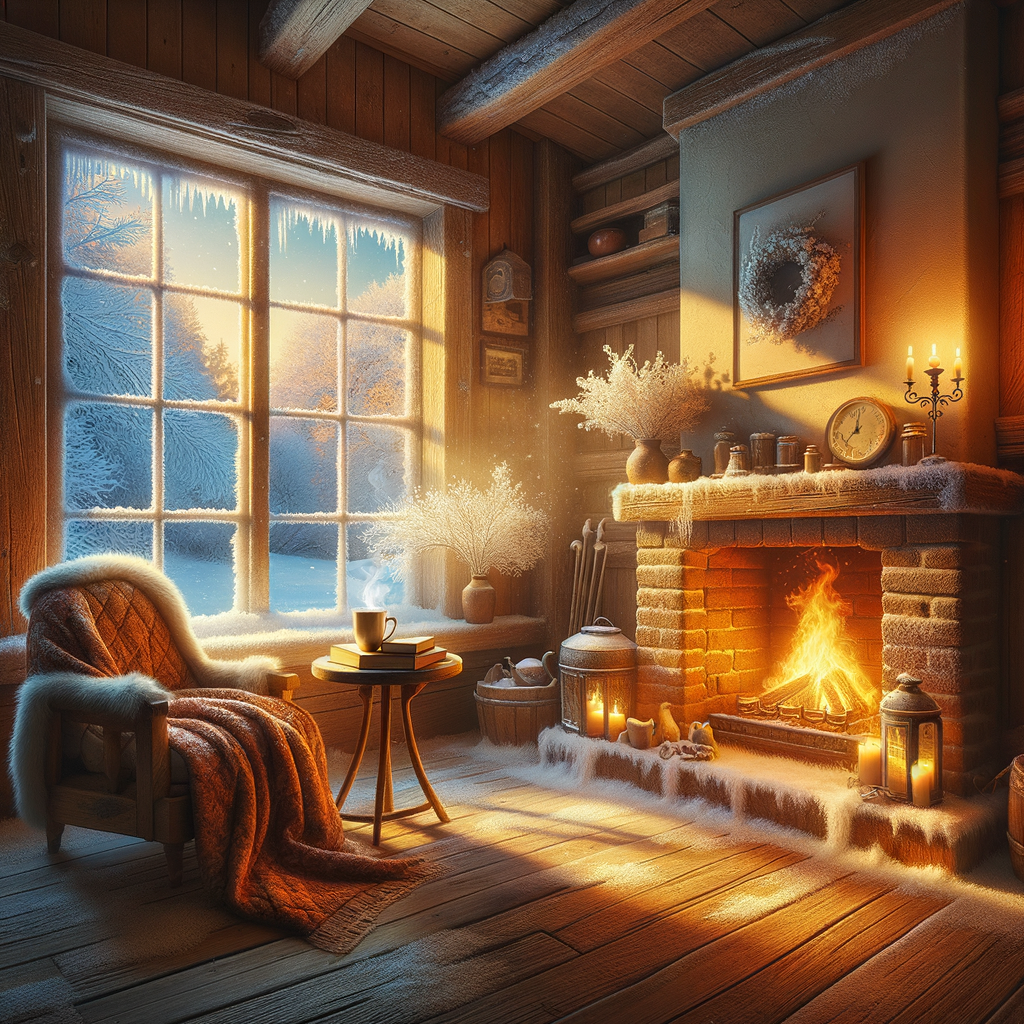 Rustic room with fireplace battling the winter cold, signifying warmth with a good morning image.