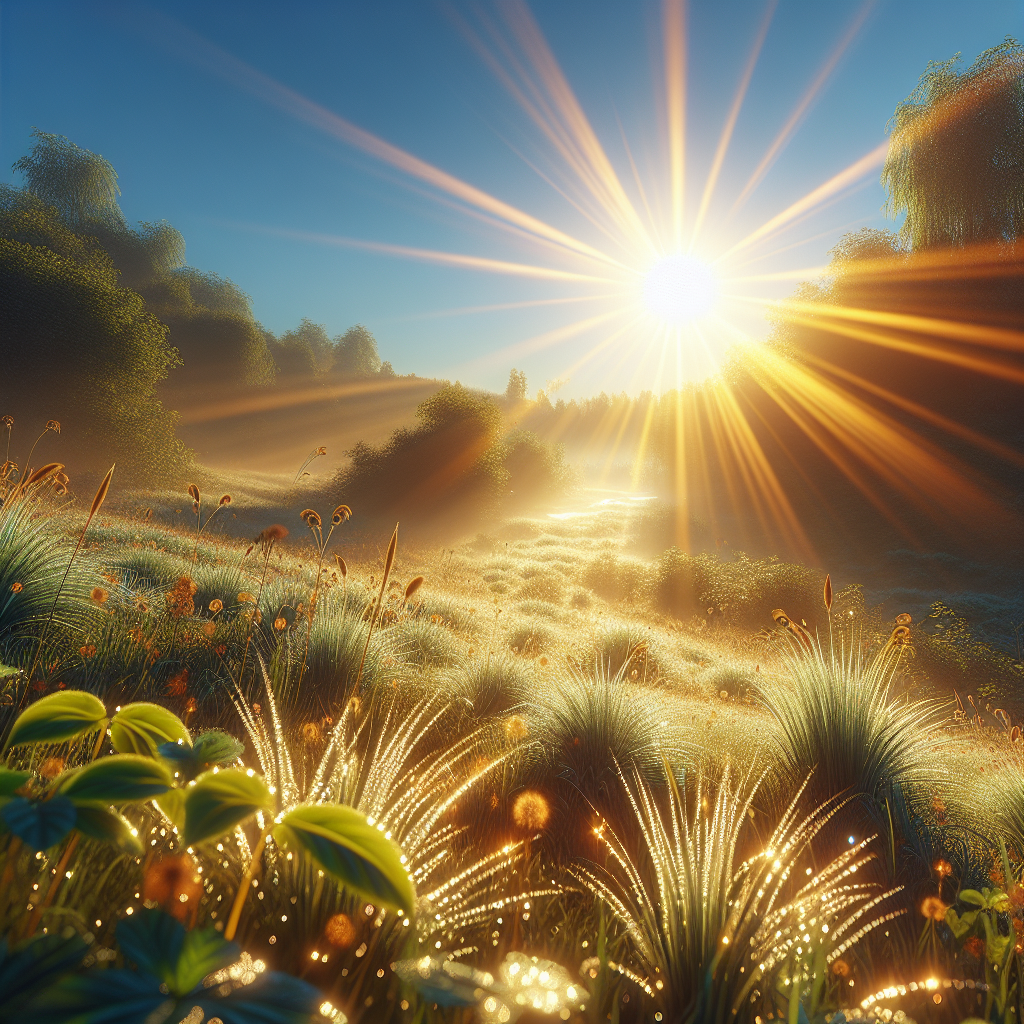 Photo of a sunny morning: sun rays illuminating the dewy grass in a serene and tranquil landscape, perfect as a good morning image