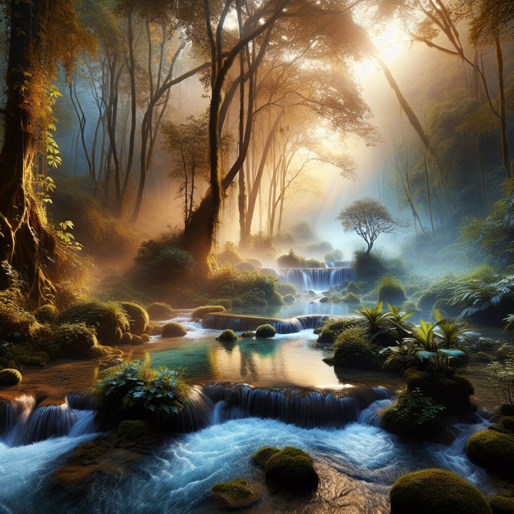 Serene early morning landscape with a mesmerizing stream and lush flora, perfect as a good morning image