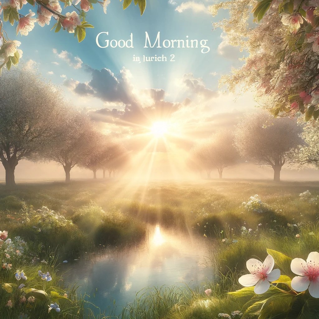 Good morning image of a serene spring dawn with dewy grass, blooming flowers, reflective pond, and soft light rays