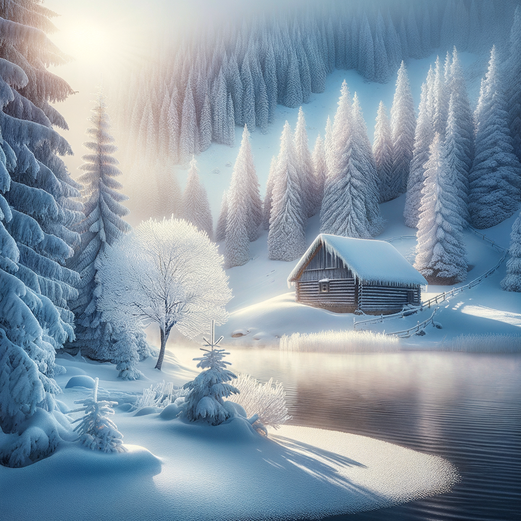 A serene good morning image of a tranquil winter landscape, with a snow-covered cabin and trees.