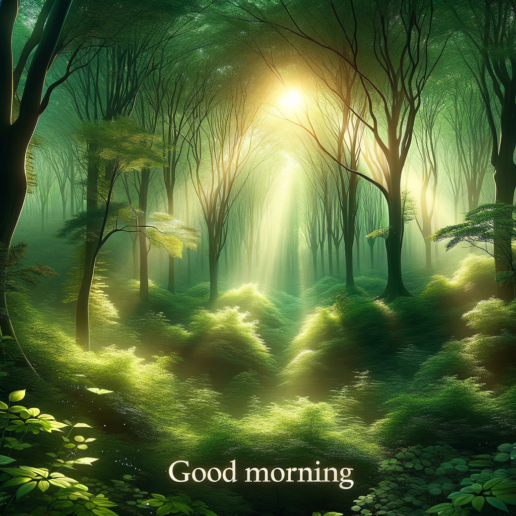 Serene morning in a forest with sunlight filtering through trees, illuminating dewy leaves, captioned 'Good Morning' subtly in the scene.