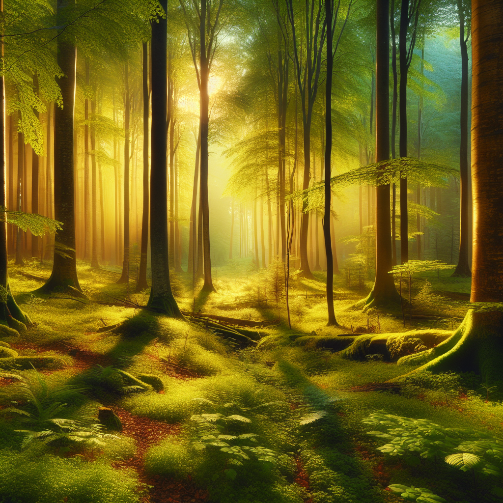 Serenely peaceful forest bathed in gentle morning light, a perfect good morning image.