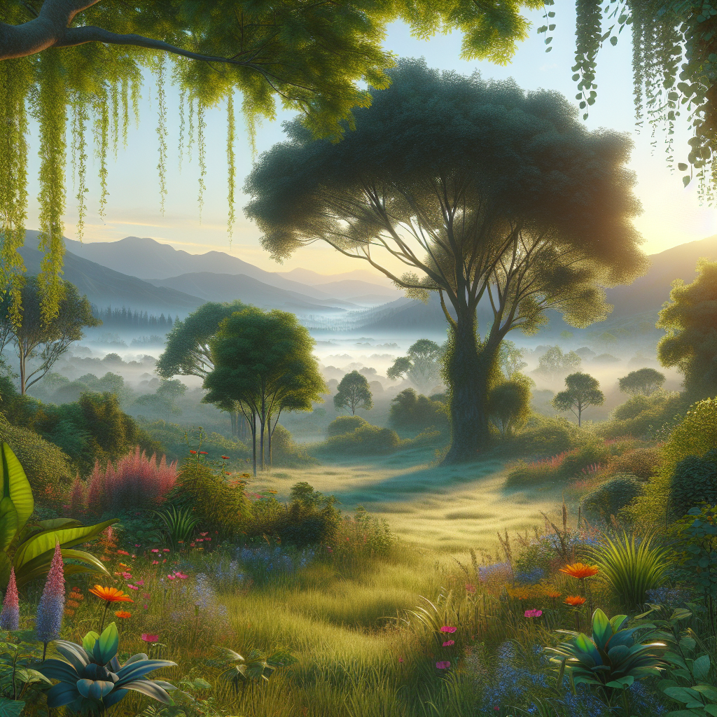 A serene good morning image showcasing a lush landscape with tall trees, colorful flowers, misty hills, and a dew-kissed grass bed under the sunrise.