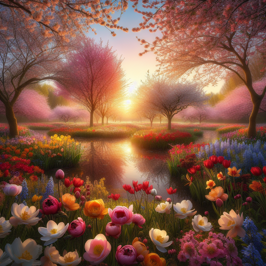 A serene morning landscape filled with colorful, blossoming flowers under a soft, welcoming sunrise, signifying new beginnings and a good morning image.