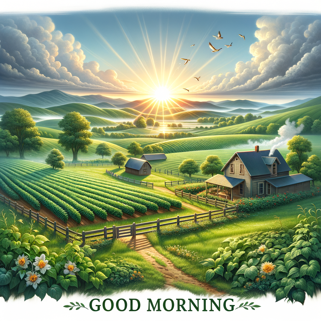 A heartwarming good morning image of a tranquil farm at sunrise with lush fields and a cozy farmhouse.