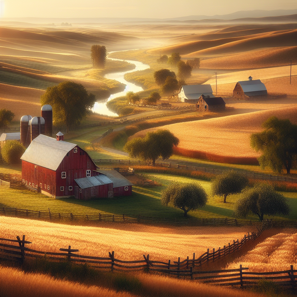 Peaceful farm scene at sunrise with golden wheat, apple orchard, and red barns, capturing the essence of a good morning image.