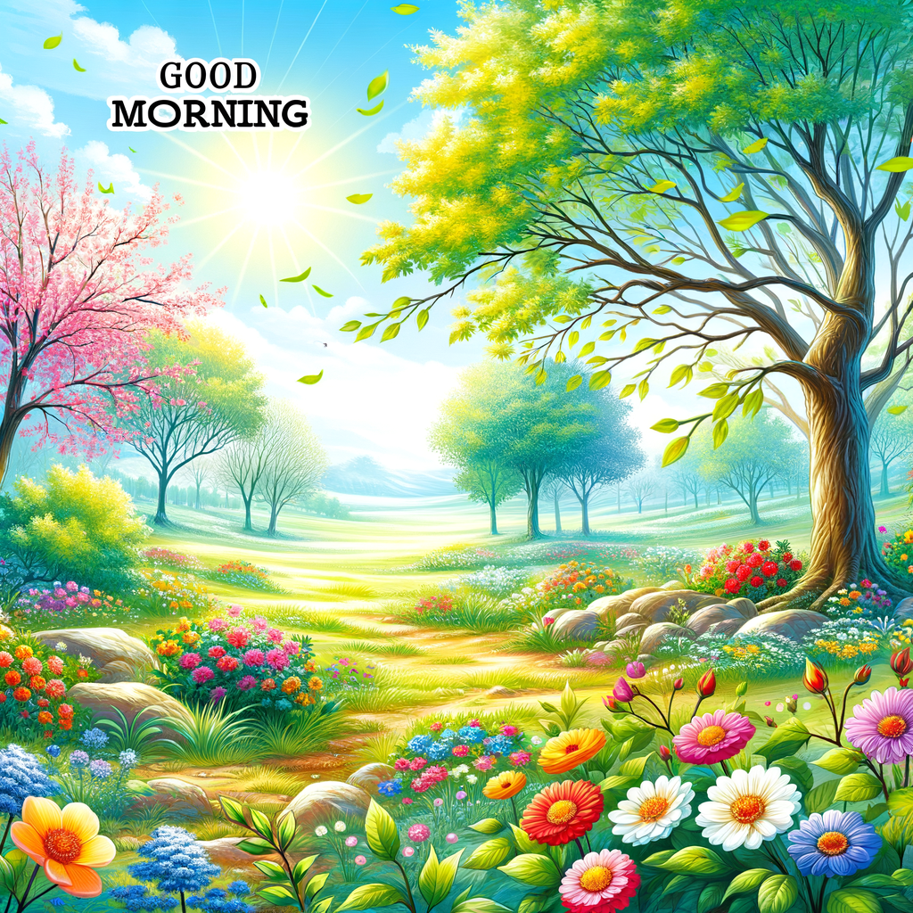 A serene spring morning landscape, teeming with vibrant blooms and lush greenery, under a crystal-clear sky, subtly whispers 'Good Morning'.