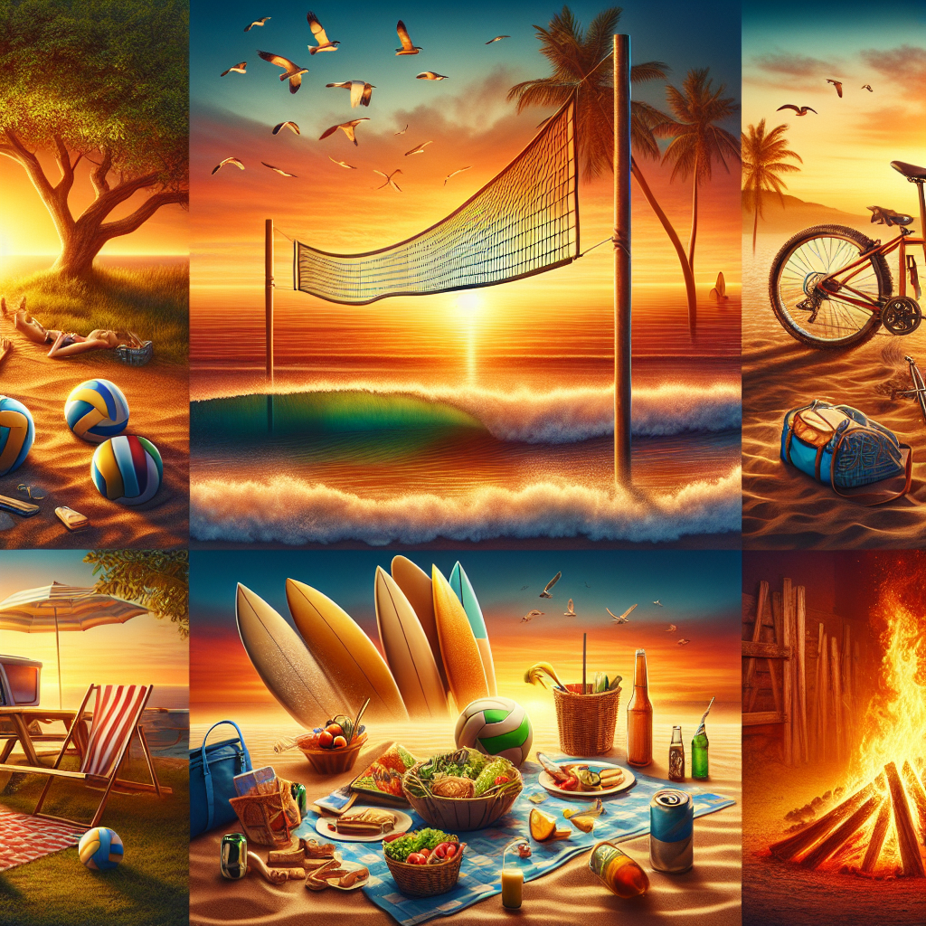 A good morning image of an ebullient summer scene from sunrise to sundown, featuring a beach volleyball net, bicycle, picnic blanket, surfboards, and bonfire embers.