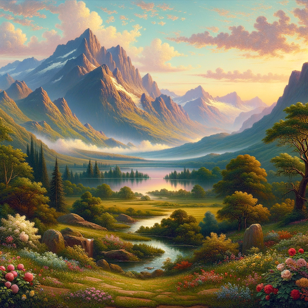 Tranquil dawn over countryside with mountains, serene valleys, rivers, and blooming flowers invoking serenity, good morning image.