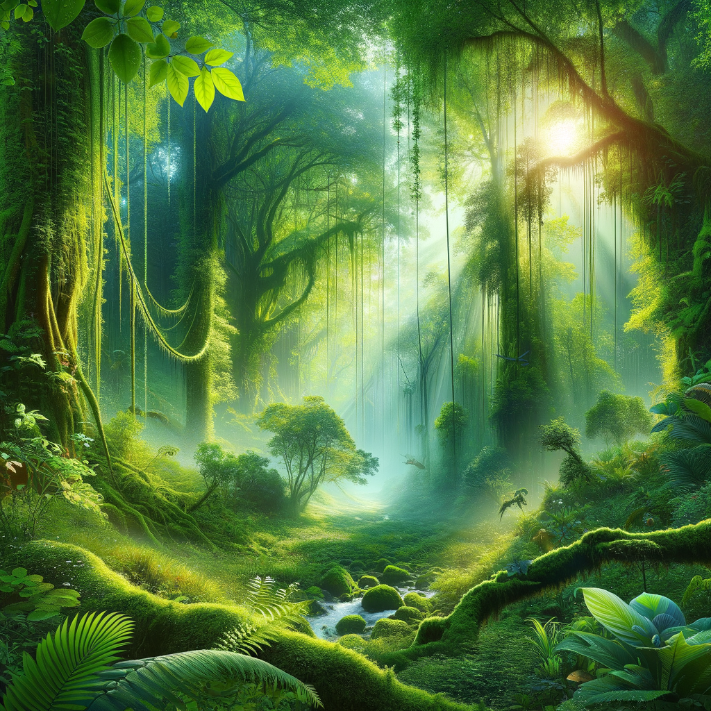 Good morning image of a vibrant, dew-kissed forest, with sun rays filtering through a lush canopy.