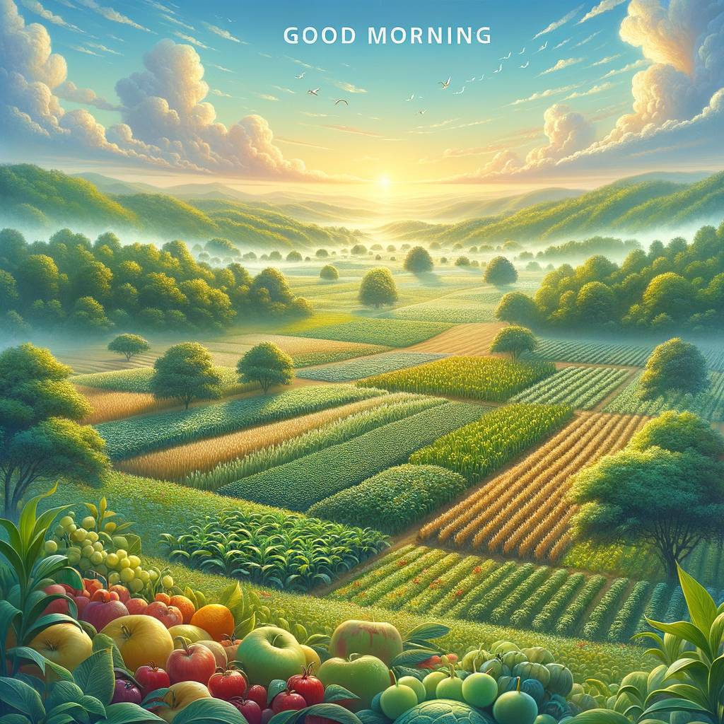 A serene good morning image of bountiful farmlands glowing with the first light of day, ripe with various fruits and crops.