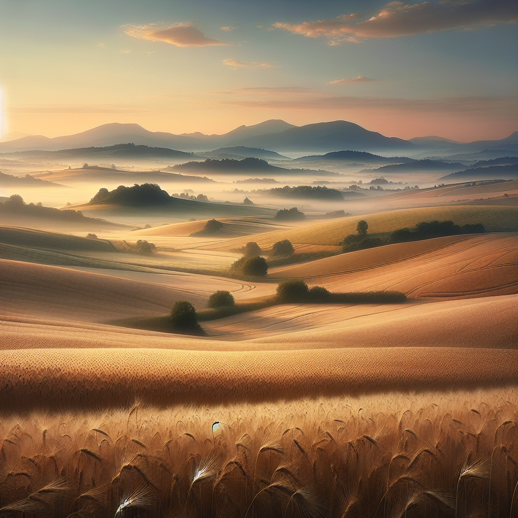 Good morning image of a tranquil countryside with rolling hills and golden fields at dawn.