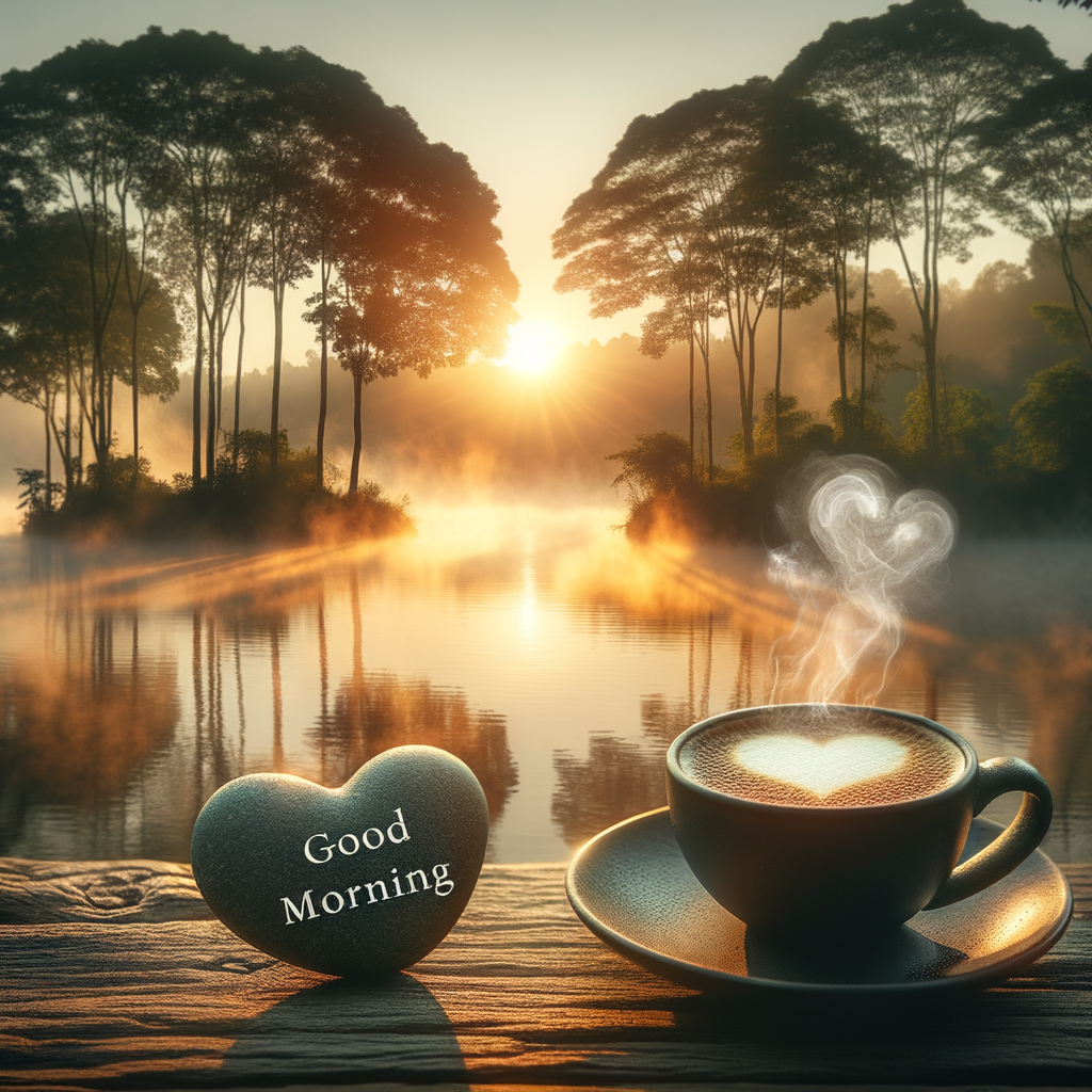 Tranquil morning by a misty lake with trees, heart-shaped stone, coffee cup and 'Good Morning' steam writing.