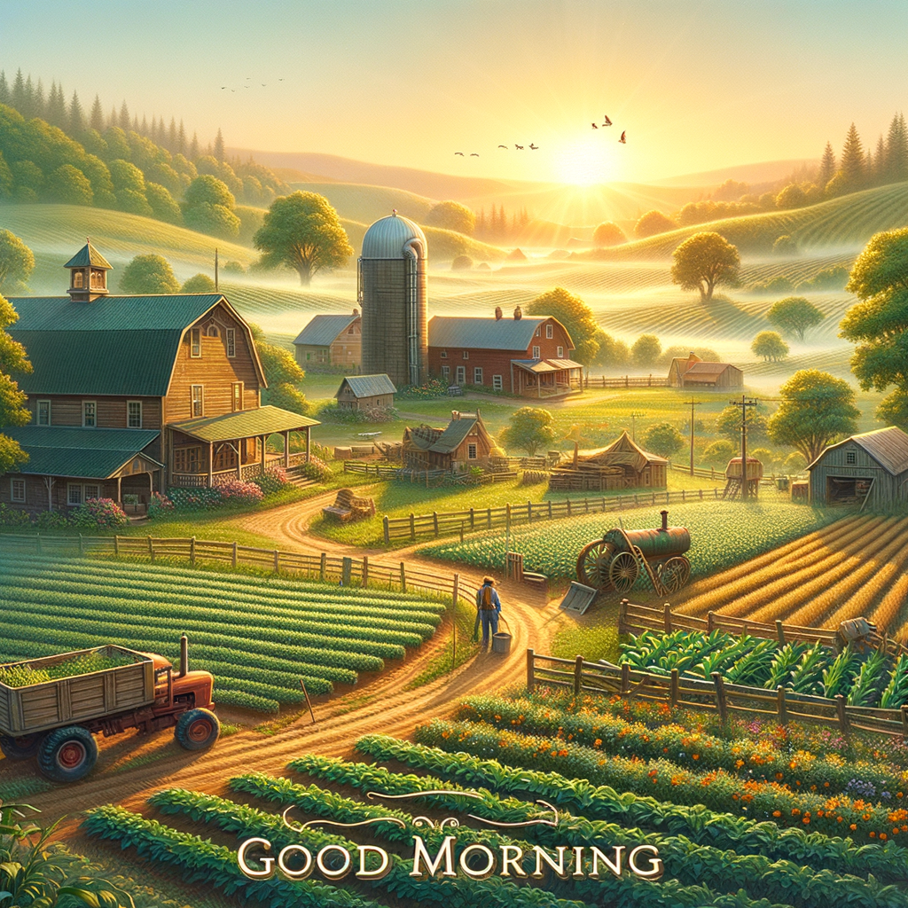 Serene farm morning with sunrise over green fields and a sturdy barn - good morning image