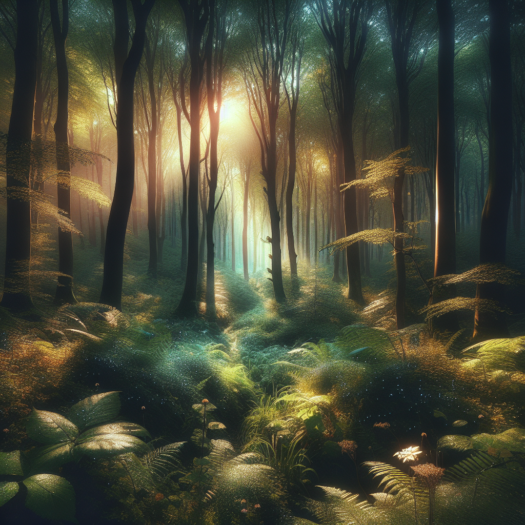 Good morning image of a fairy tale forest with shimmering dewdrops and mystical lights peeking through towering whimsical trees.