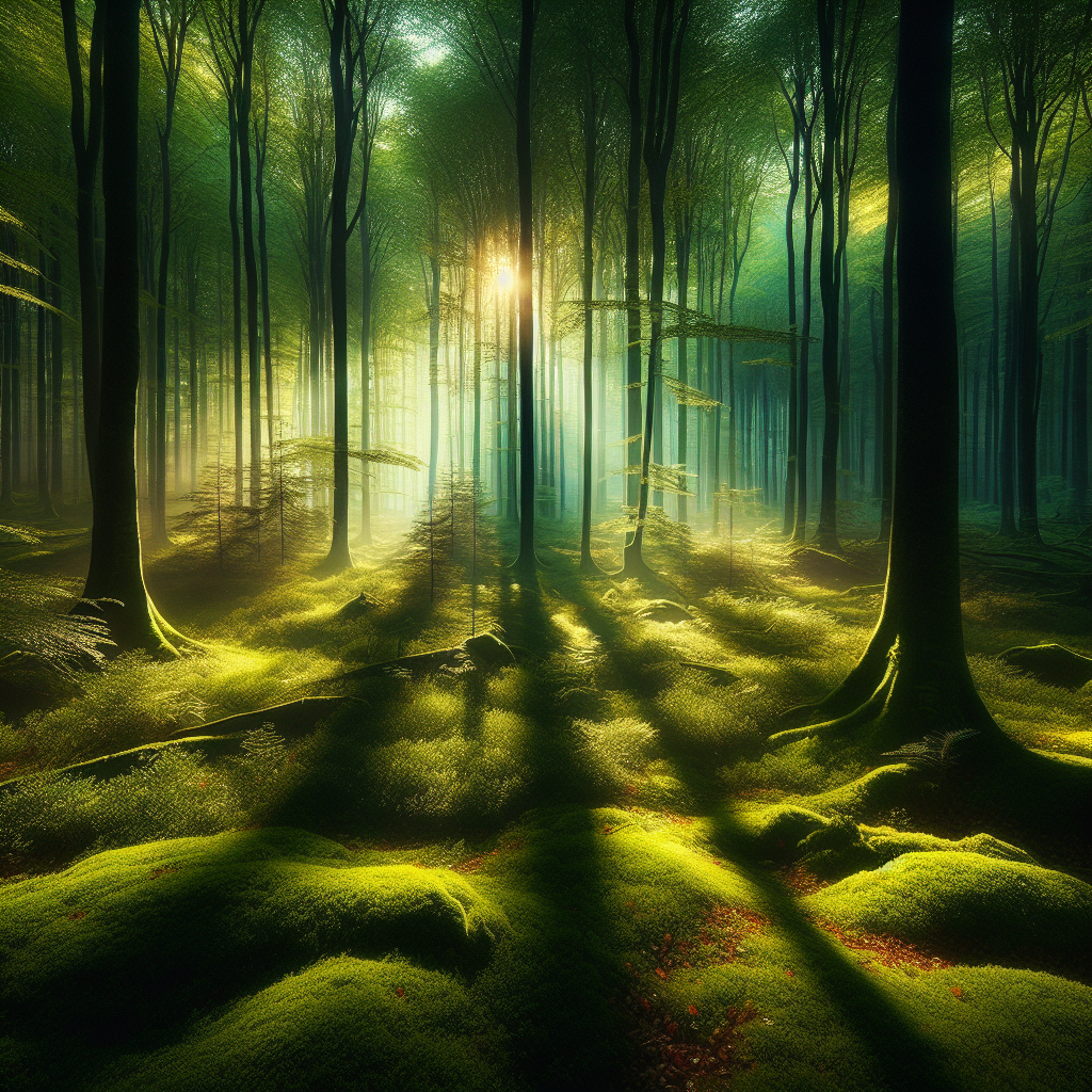 Tranquil sunrise in a lush forest, with sun rays piercing through the canopy, misty dew on leaves, and a moss-covered ground, embodying a perfect good morning image.