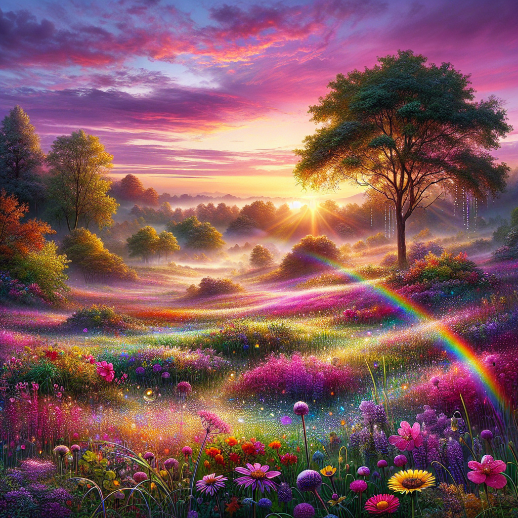 A good morning image of a colorful and vivid morning scene with dew-kissed greenery, flowers, and a sunrise painting the sky.