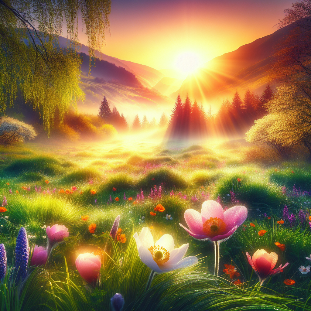 A detailed good morning image of a spring meadow with dew-covered flowers, lush greenery, and morning mist clearing under the rising sun.