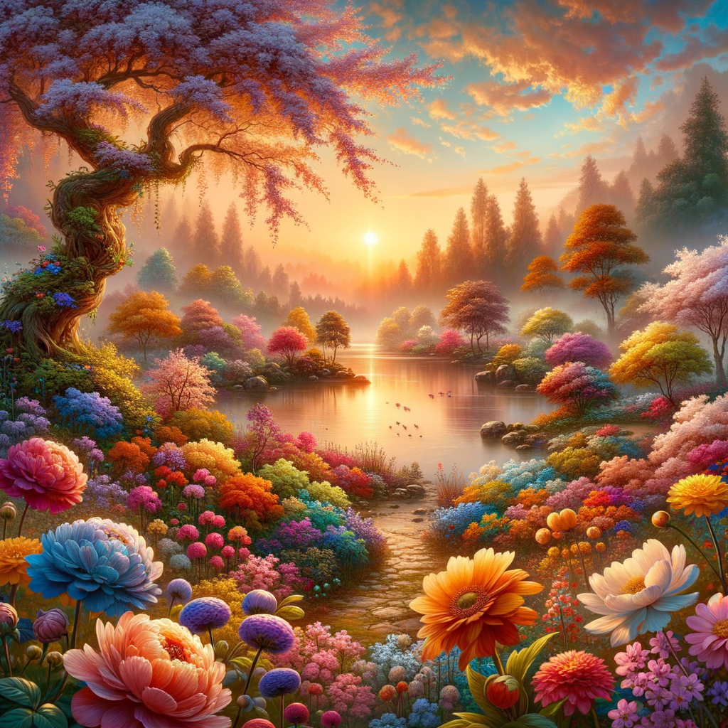 A colorful garden filled with blossoming flowers on a tranquil morning, devoid of any beings, embodying a new beginning.