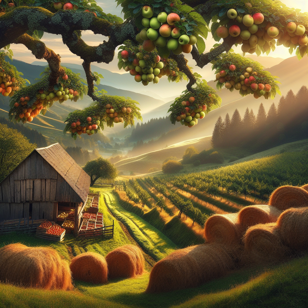 A breathtaking good morning image of a bountiful farm under the soft morning sun, with fruitful trees and vast fields.