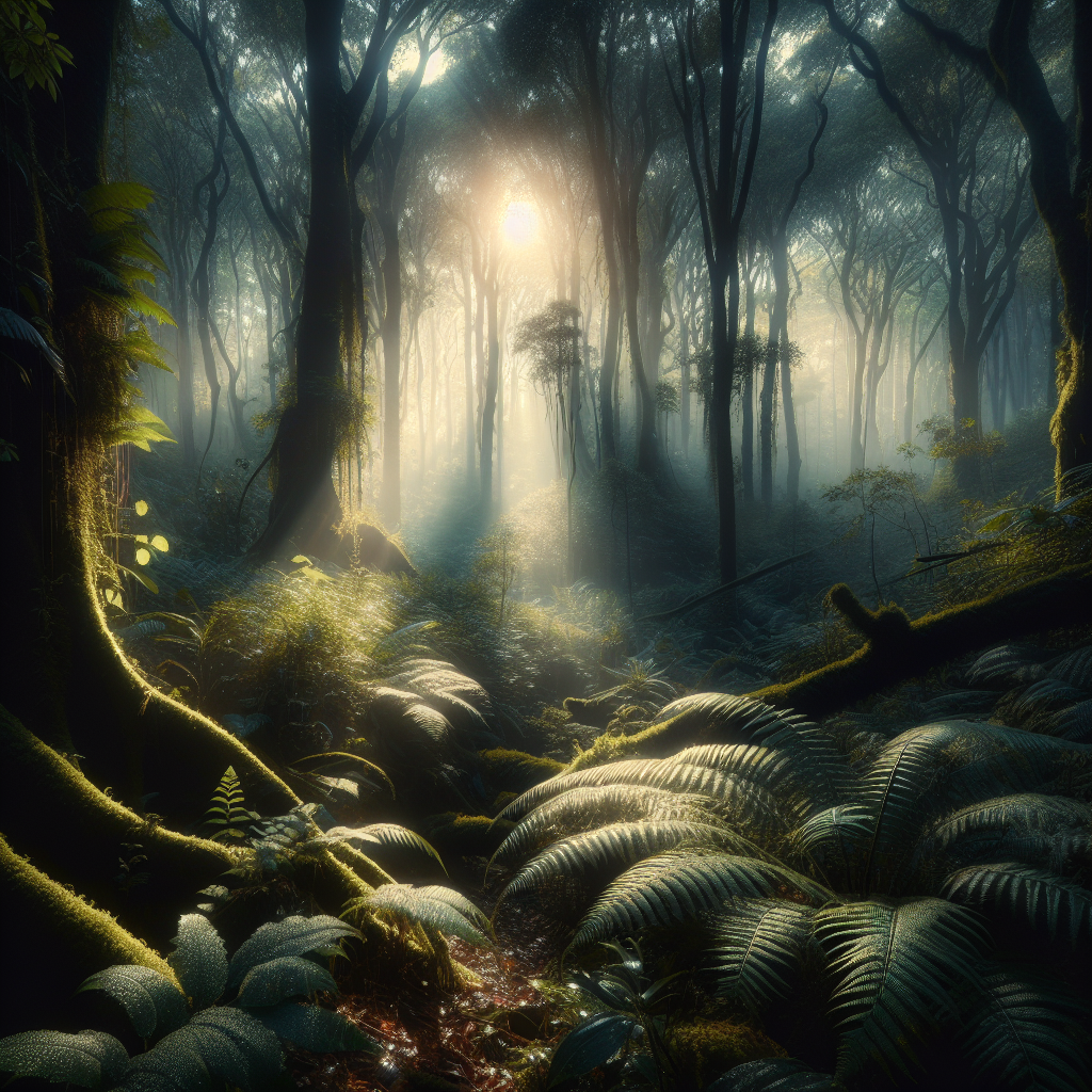 Serene morning in a lush forest with rays of dawn piercing through, highlighting dew-laden ferns and creating a mystical aura.