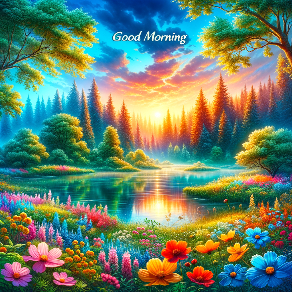 A serene, early morning landscape depicting dewy forests, wildflowers in bloom, and a clear river reflecting the dawn sky, with 'Good Morning' inscribed above.