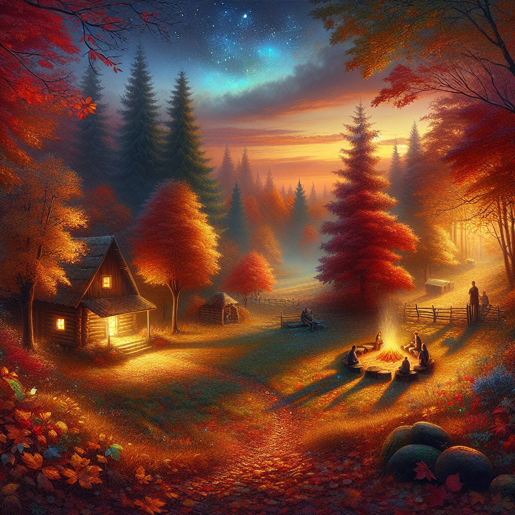 A serene morning scene in an autumn-cloaked landscape, with golden leaves and a cozy cabin, emanating a peaceful good morning image.