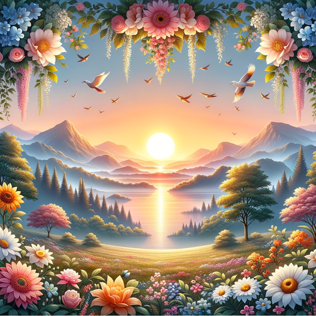 Serene nature scene with symmetrical floral and arboreal arrangements under a warm sunrise glow, good morning image.