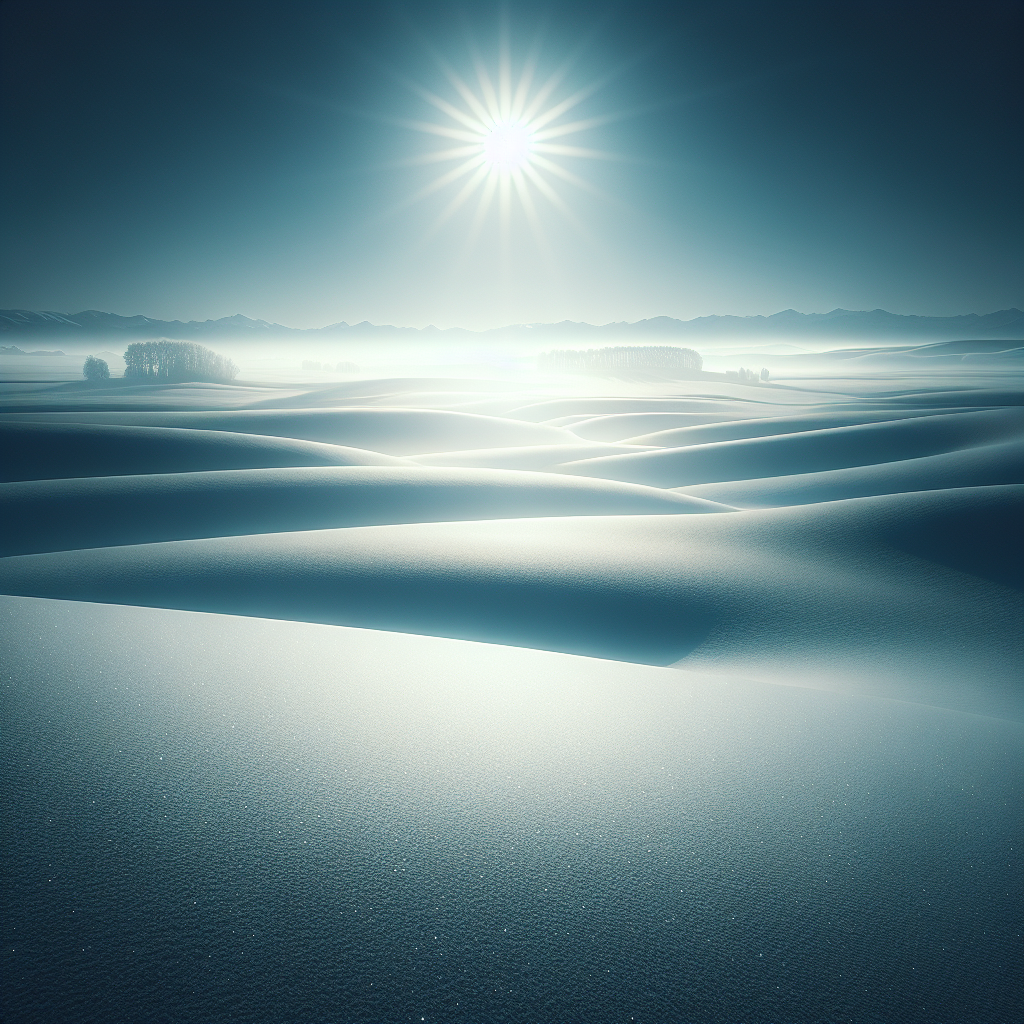 A good morning image showing a calm winter landscape with endless fields of pure white snow and a sparkling sun, capturing the beauty of a peaceful morning.