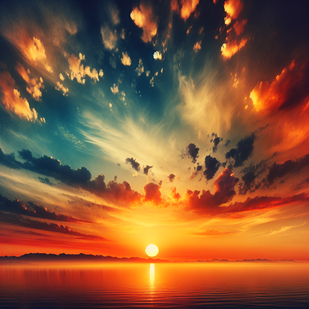 A vibrant summer sunrise fills the sky with warm oranges, yellows, and soft blues, welcoming a new day. Good morning image.