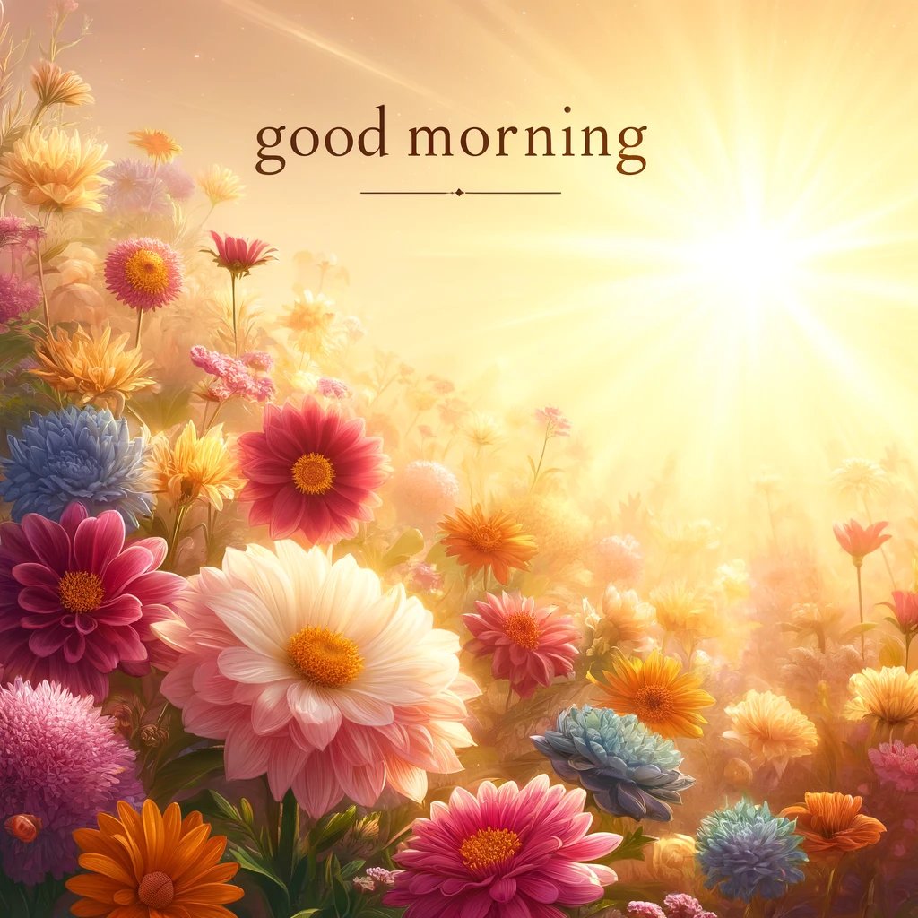 A radiant morning scene with a variety of colorful flowers glowing in golden sunlight, conveying joy - good morning image.