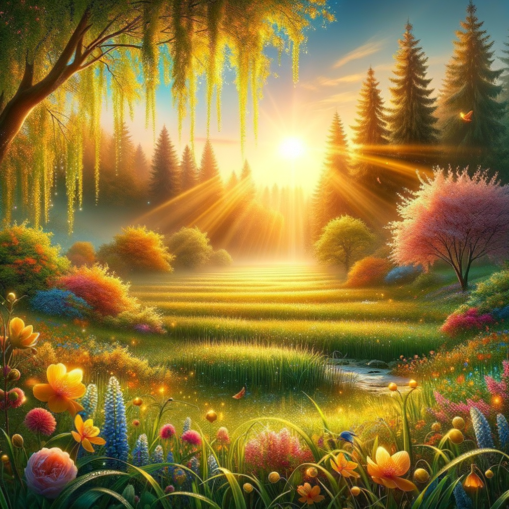 A tranquil good morning image of a spring dawn, with sunlight caressing colorful blooms and lush greenery.