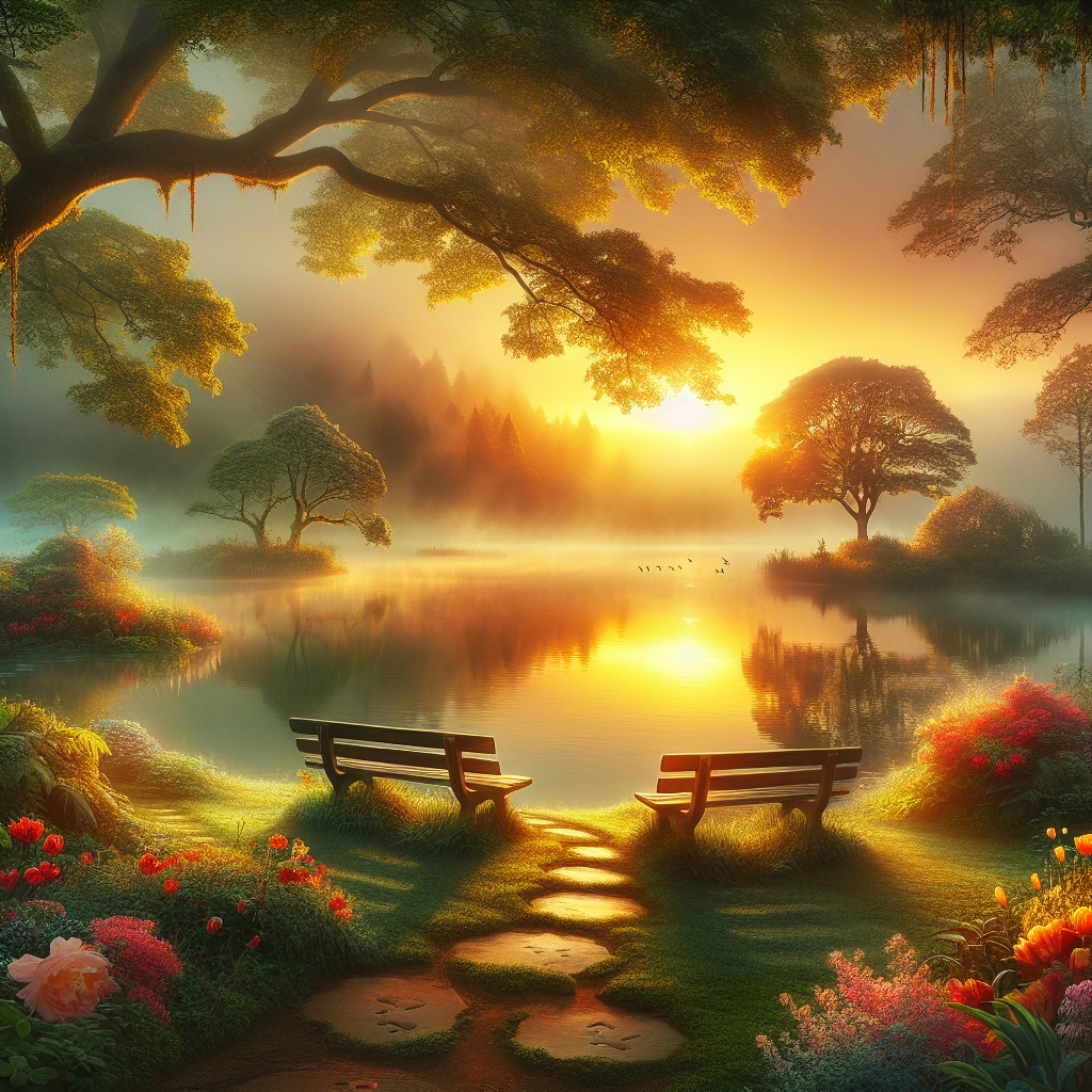 Good morning image of a tranquil lake with mist, vibrant flora and empty benches symbolizing passionate love